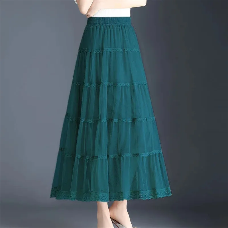 Long Tulle Skirt Women 2024 Spring Summer Elastic High Waist A-Line Mesh Pleated Puffy Skirt Female Elegant Lace Midi Skirt