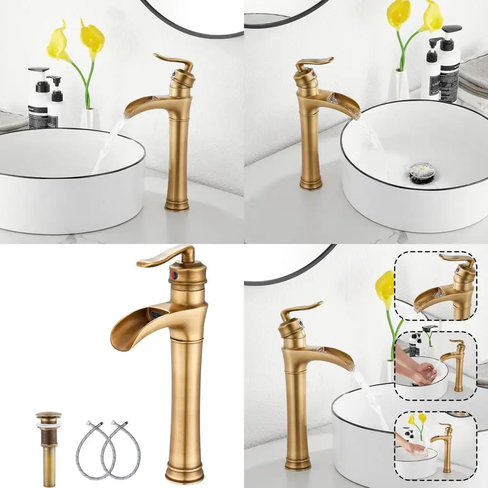 

Single Handle Antique Brass Waterfall Faucet for Farmhouse Vessel Sink with Pop-Up Drain
