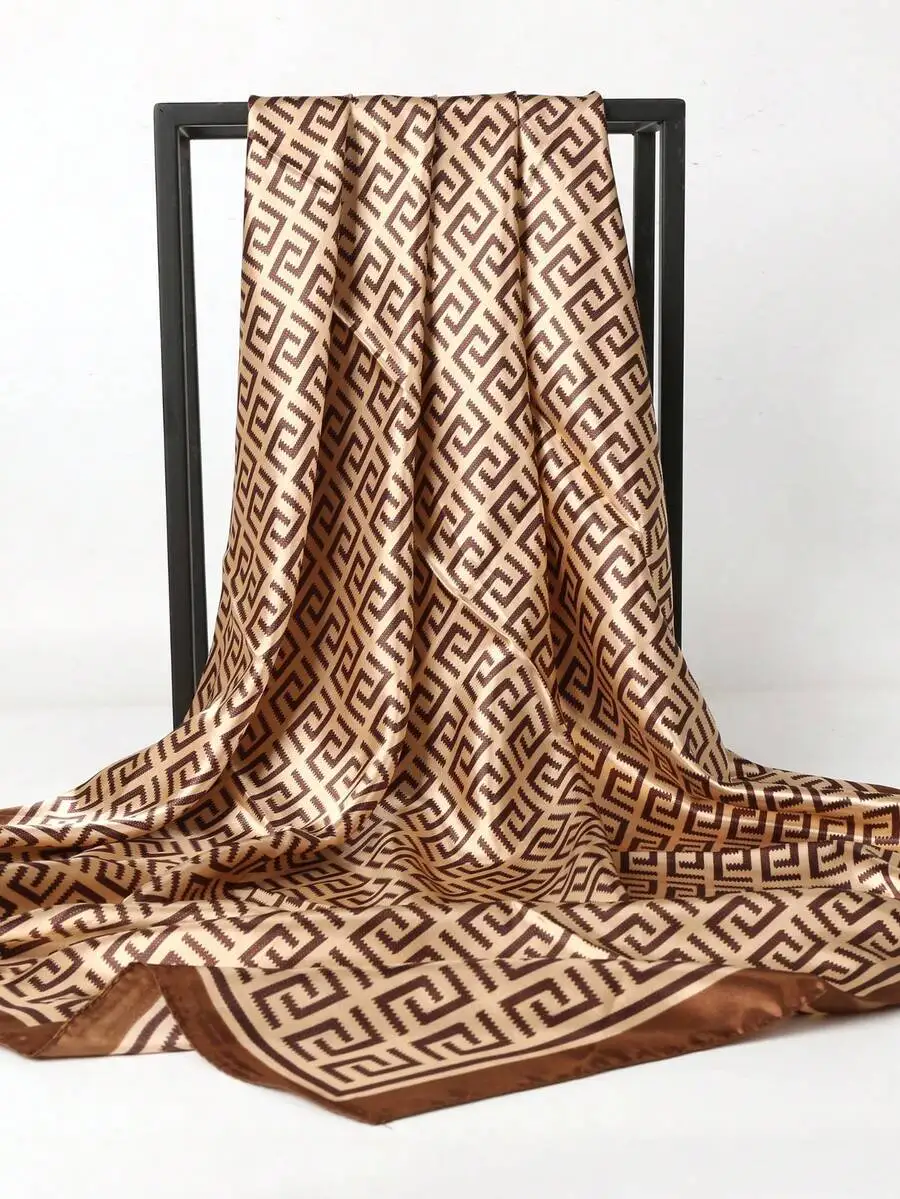 

1pc Women's Khaki Geometric Floral Silk Scarf, 90x90cm Fashion Square Scarf, Suitable For Headscarf