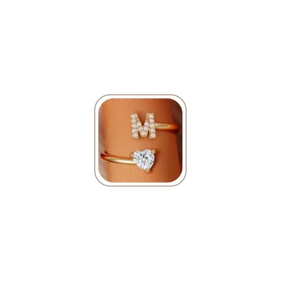

Initial Heart Rings for Women - 14K Gold Plated Adjustable Letter A-Z Rings Fashion Jewelry Gifts for Women