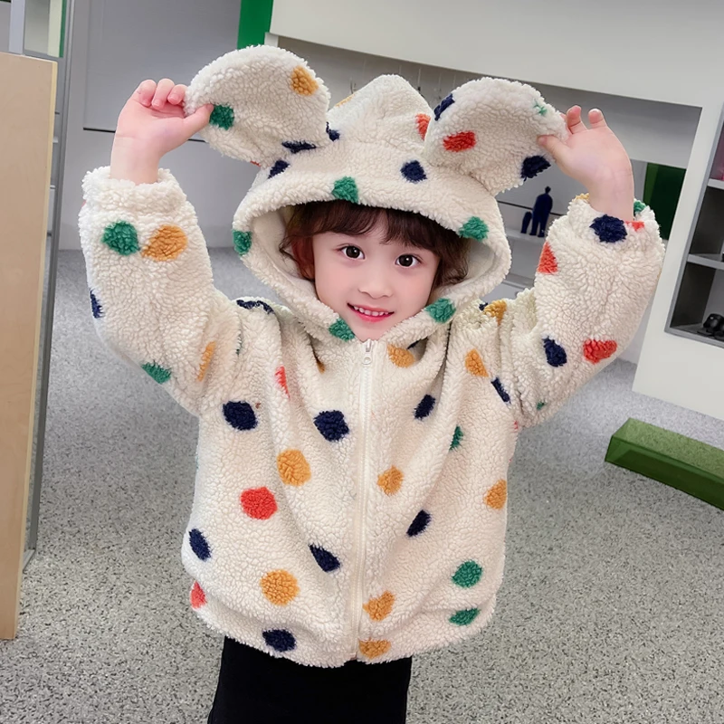 

Thiened Fce, осенне-зимняя куртка с капюшоном для девочек, теплая детская верхняя одежда, повседневная облегающая длинная куртка на молнии в горошек...