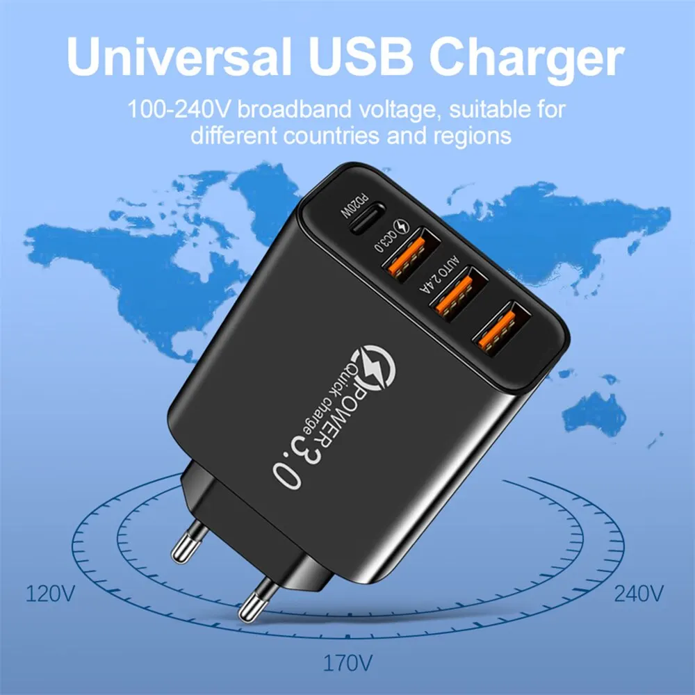 Type C USB Quick Charger 4 Ports 3.0 PD Cell Mobile Phone Power FAST Adapter For iPhone Samsung Xiaomi White