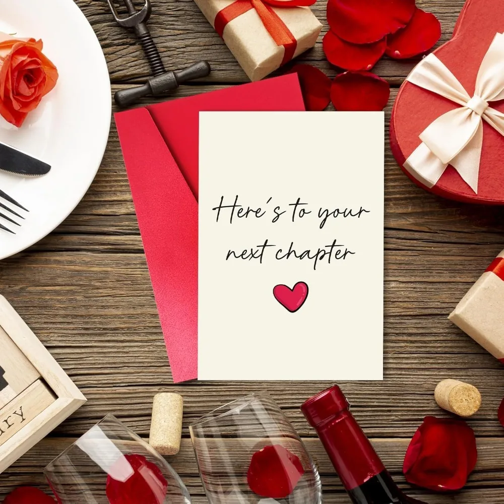 "Here's to Your Next Chapter" Greeting Card | Minimalist Heart Design Card with Red Envelope | For Retirement, Graduation & New