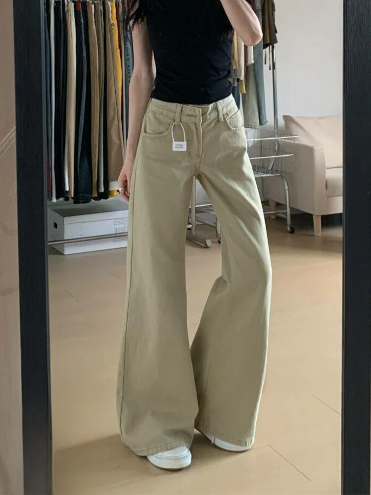 

High Waist Thin Denim Jeans Women's Summer New Style Bell Bottom Khaki Color Retro Street Fashion Wide Leg Jeans Ladies' Jeans