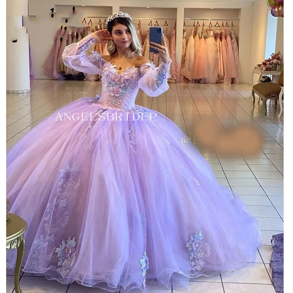 

ANGELSBRIDEP Charming Purple Puff Sleeves Ball Gown Quinceanera Dresses Vestidos De 15 Años Quinceañeras With 3D Appliques