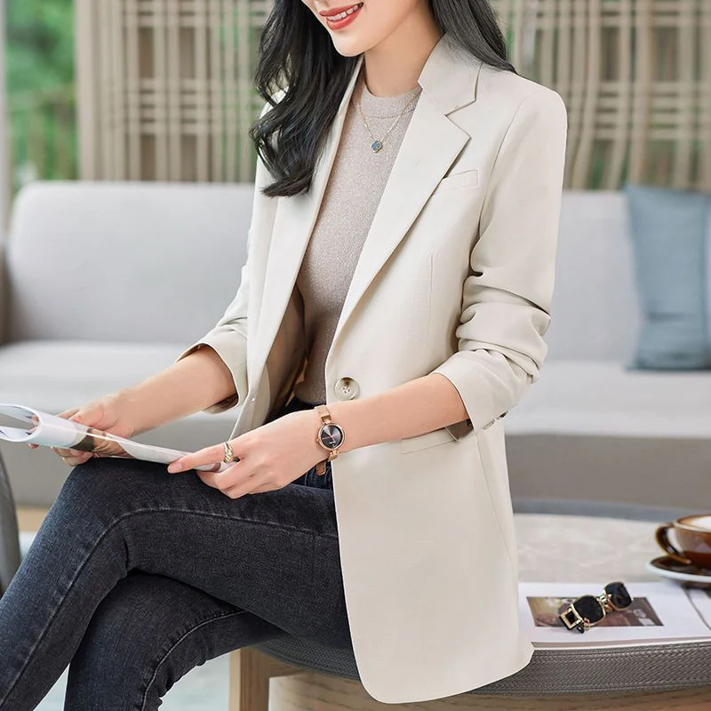 Women Fashion Blazer Autumn Winter Long Sleeve Coat Single Button Solid Office Lady Suit Casual Elegant Temperament Outerwear