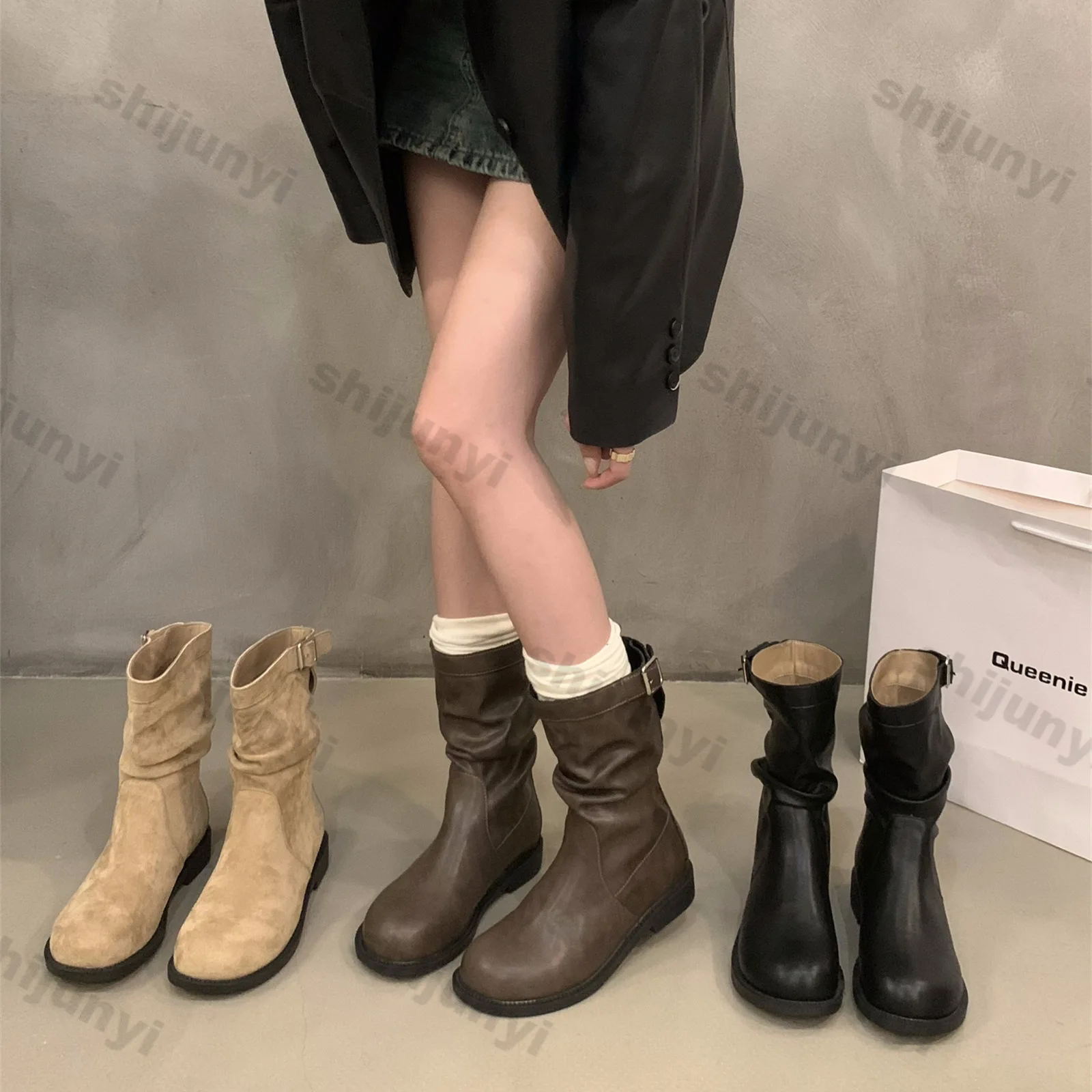 Women Round Toe Pile Chunky Heel Ankle Boots Comfortable Lightweight Fashion Mid-calf Knight Boots Autumn Casual Outdoor Shoes