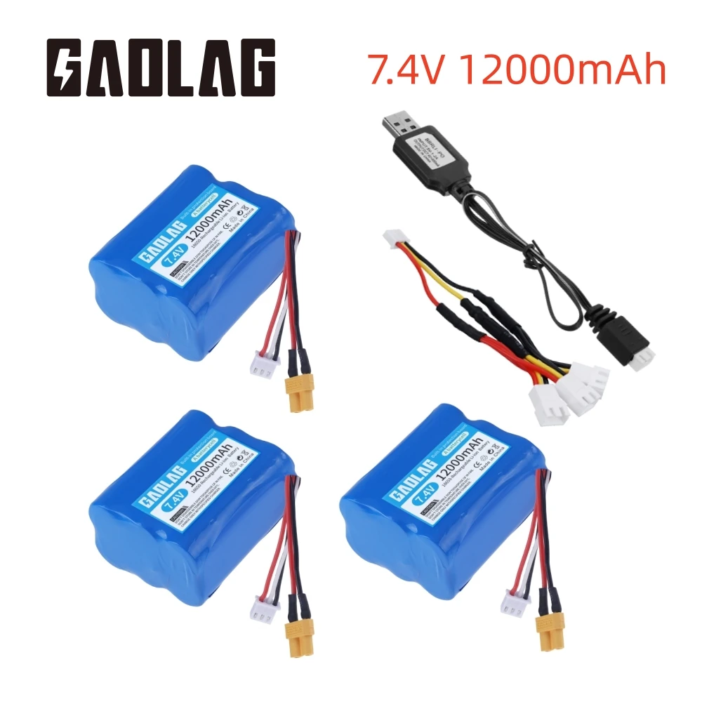 7.4V 12000mAh Li-ion rechargable battery XT30/USB charger for HUINA 1580 1583 580 550 582 RC Electric Construction Excavator