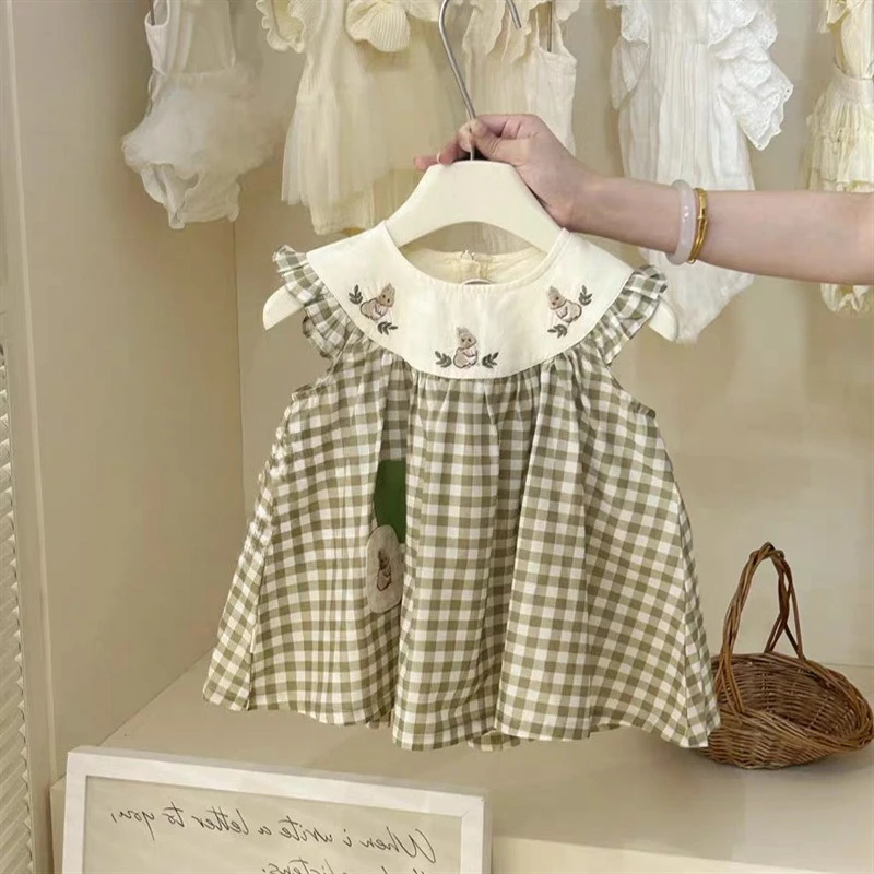 2024 New Baby Girl Checkered Dress Summer Korean Style Cotton Princess Outfit Casual Party Wear