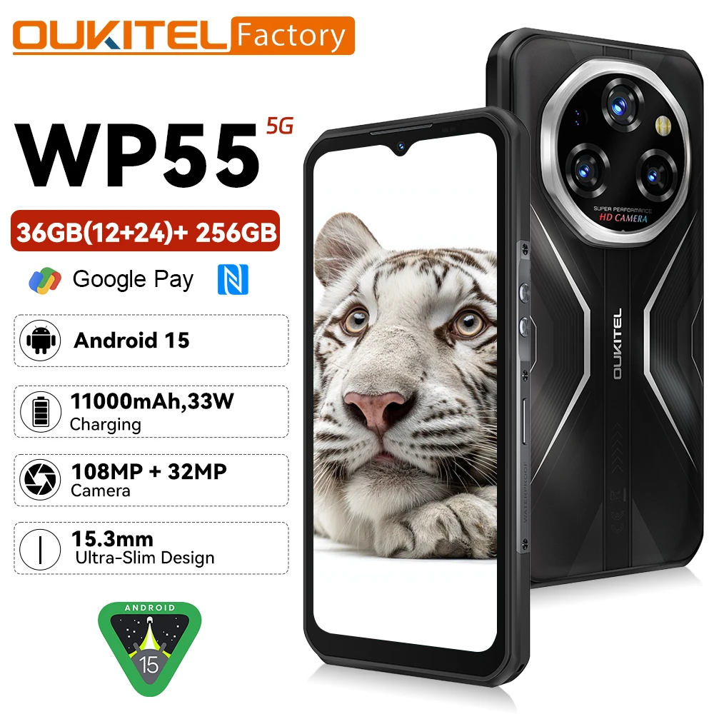 World Premiere OUKITEL WP55 5G Rugged Phone 36GB(12+24) 256GB 11000mAh 33W Smartphone 6.6” 120Hz FHD+ 108MP Android 15 Cellphone