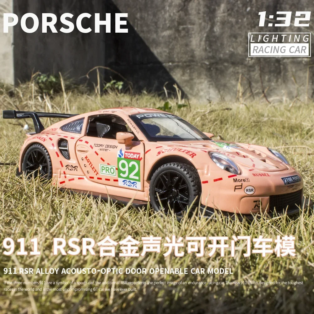 1:32 Porsche 911 RSR racing car High Simulation Diecast Metal Alloy Model car Sound Light Pull Back Collection Kids Toy Gift A40