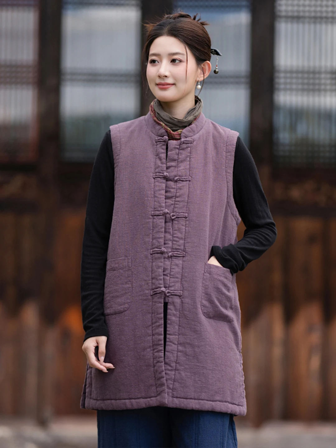 Thickened Cotton Linen Jacket Chinese Style Stand Collar Women's Vest Autumn Winter Outerwear Warm National Style Long Vest