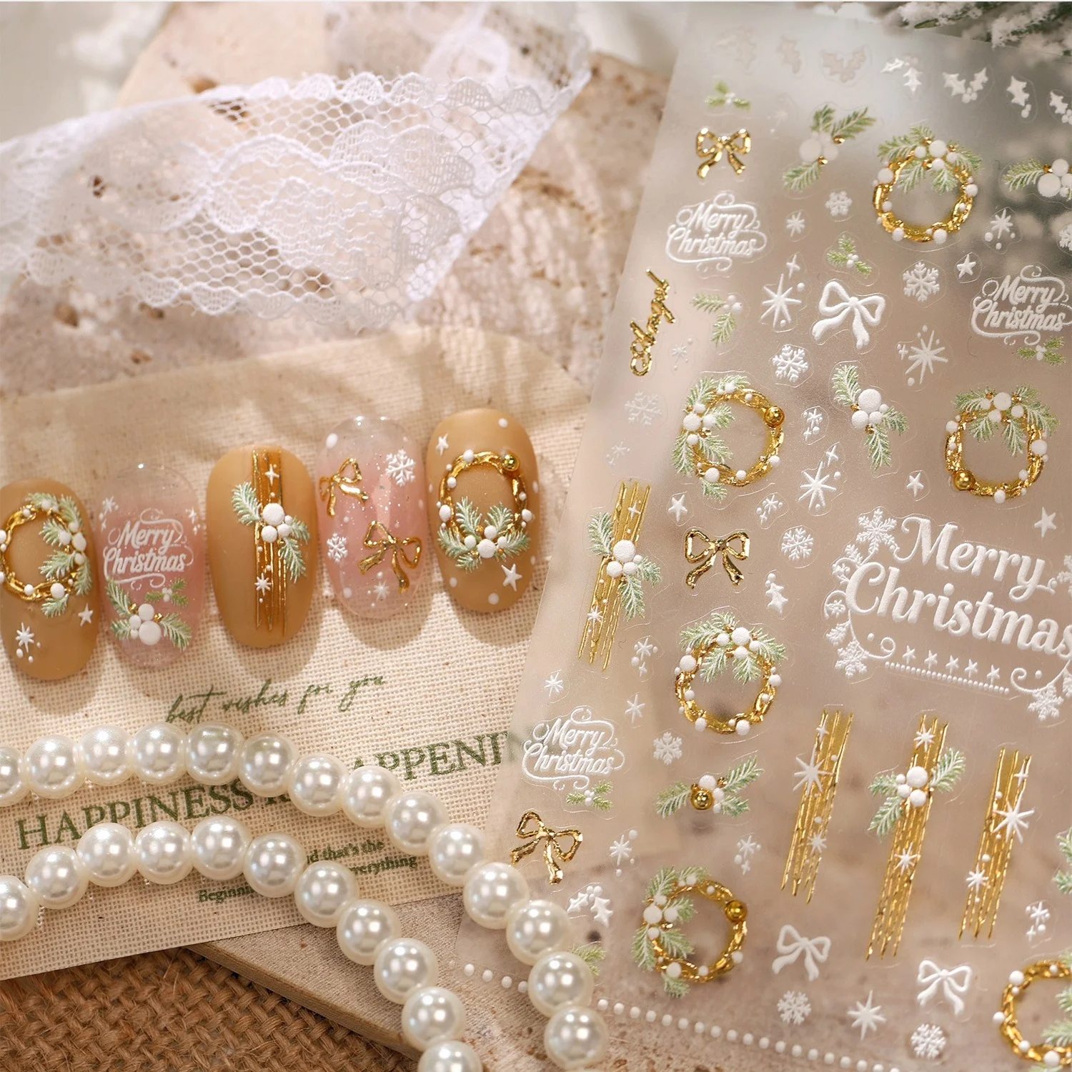 Luxe Platinum Christmas 5D Nail Stickers Pine Twig Pearl Gold Hoop Bow Snowflake Outline Nail Sticker Holiday Nail Art Supplies