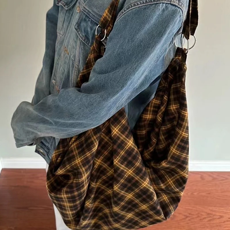 Koreanische karierte Canvas-Umhängetasche, Vintage-Mode-Rucksack, Damen-Tasche mit großem Fassungsvermögen, leichte, lässige Tragetasche für den Arbeitsweg – Detail 6