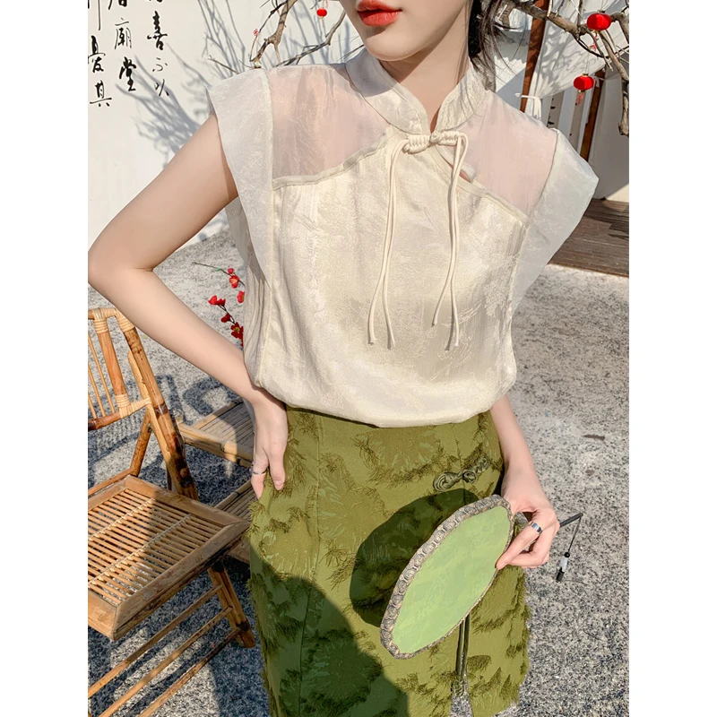 Women Stylish Chinese Style Vintage Elegant Blouses 2024 Summer Stand Collar Sleeveless Shirts Sexy Sheer Patchwork Loose Tops