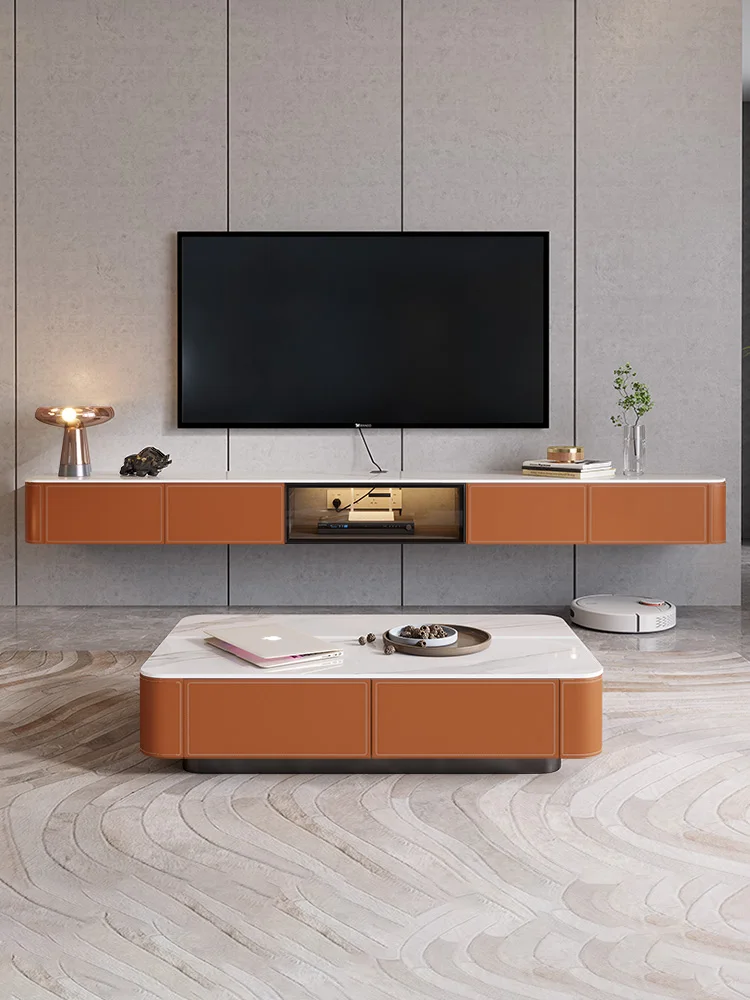 Light luxury rock slab suspended TV cabinet, modern and minimalist small living room, super slim wall mounted saddle leather sol