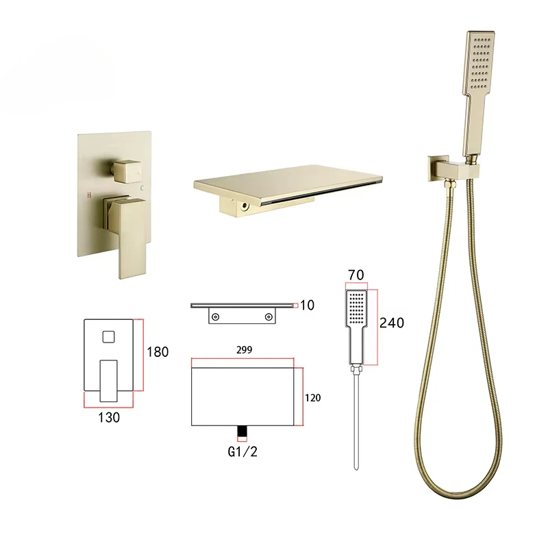 Brushed Gold Hot And Cold Water Mixing Valve Concealed Bathroom Wall-mounted Bathtub Shower Faucet