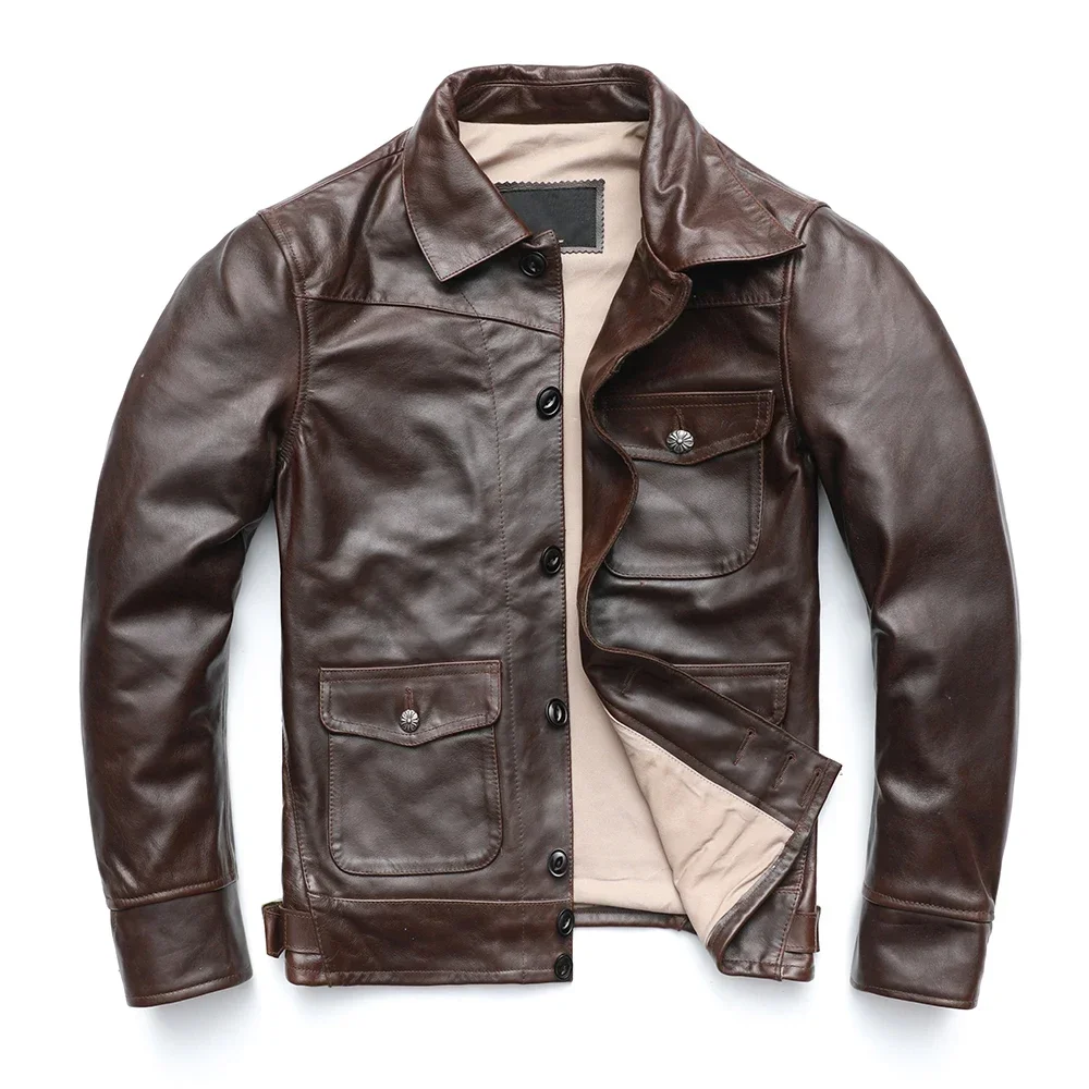 

Men Leather Jacket Thick Turn Down Collar Dark Brown Solf Oil Wax Cowhide Skin Jacket Men Winter Coat Asian Size M-3XL M505