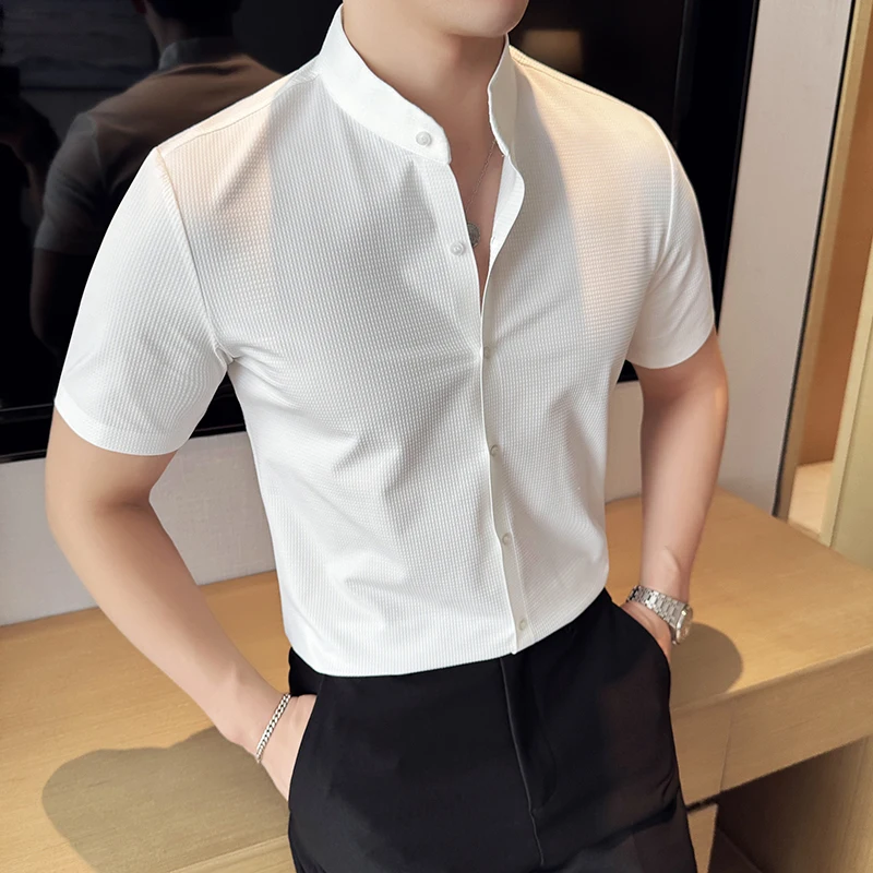 White Shirt For Men Summer New Chinese Stand Collar Designer Short Sleeve Male Shirt Cool Thin Waffle High Elastic Seamless Top