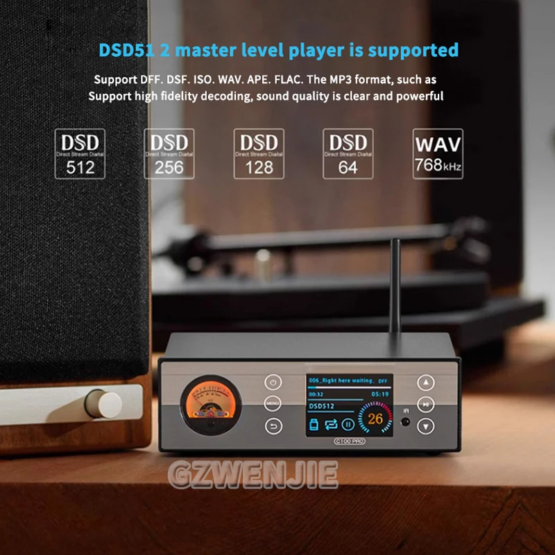 C100 PRO HiFi Bluetooth 5.0 Digital ESS9038 Preamp OLED Display Streamer USB Player DSD512 with VU Meter Decoding player