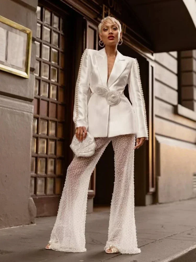 Elegant Women White Pants Suit Sexy 3D-Flower Backless Long Sleeve Blazer + Mesh See Through Pearl Trousers 2 Pcs Sets for Party