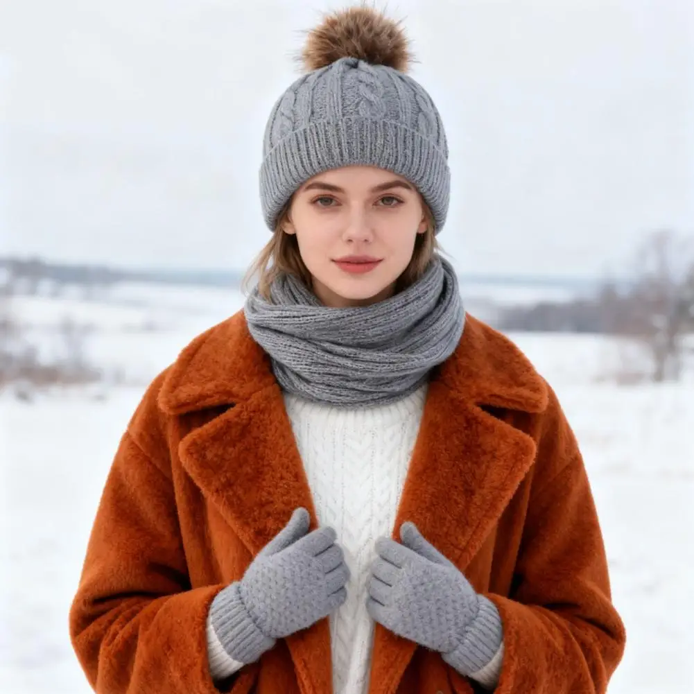 محبوك قبعة وشاح قفاز مجموعة النساء الشتاء قبعة وشاح قفازات مجموعة أفخم الكرة ديكور تويست الملمس الحياكة قبعة وشاح طويل قفازات مجموعة