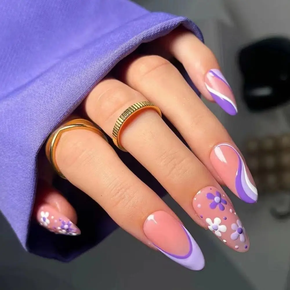 Faux ongles à motifs de fleurs violettes, 24 pièces, à poser soi-même, à bords blancs, français, papillon, long, amande, N64.N64.