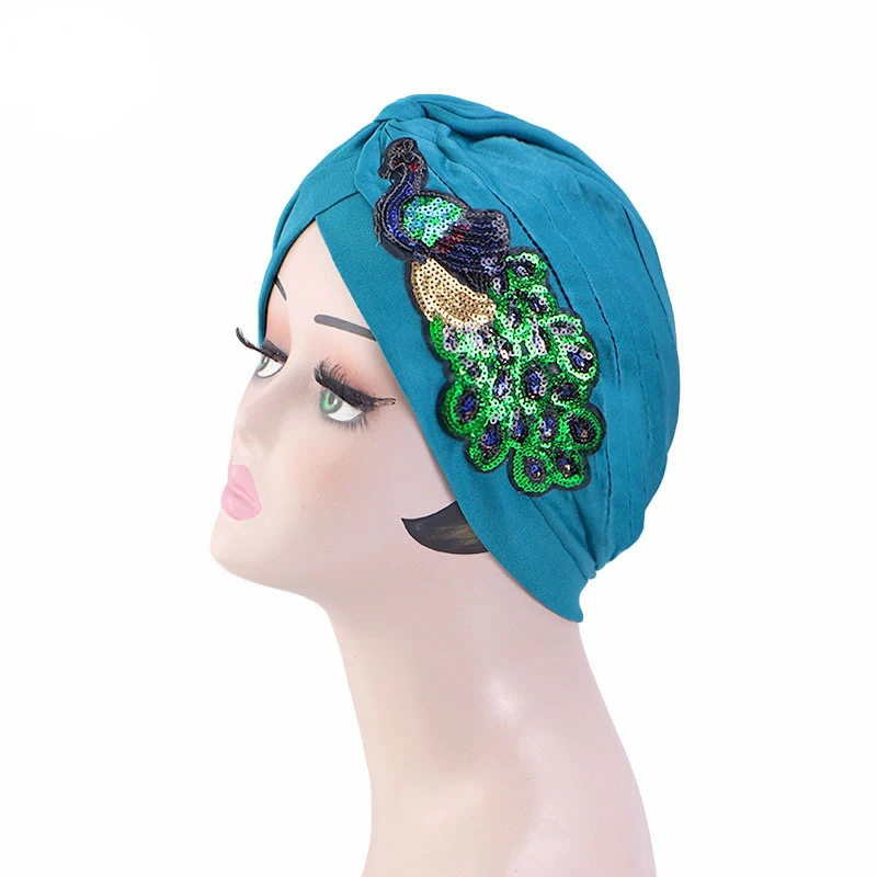 Turban noué à sequins pour femmes musulmanes, bonnet paon, bonnet chimio contre le cancer, bonnets, écharpe de sauna Hijab, perte de cheveux, vêtements de sauna, nouveau, 2024