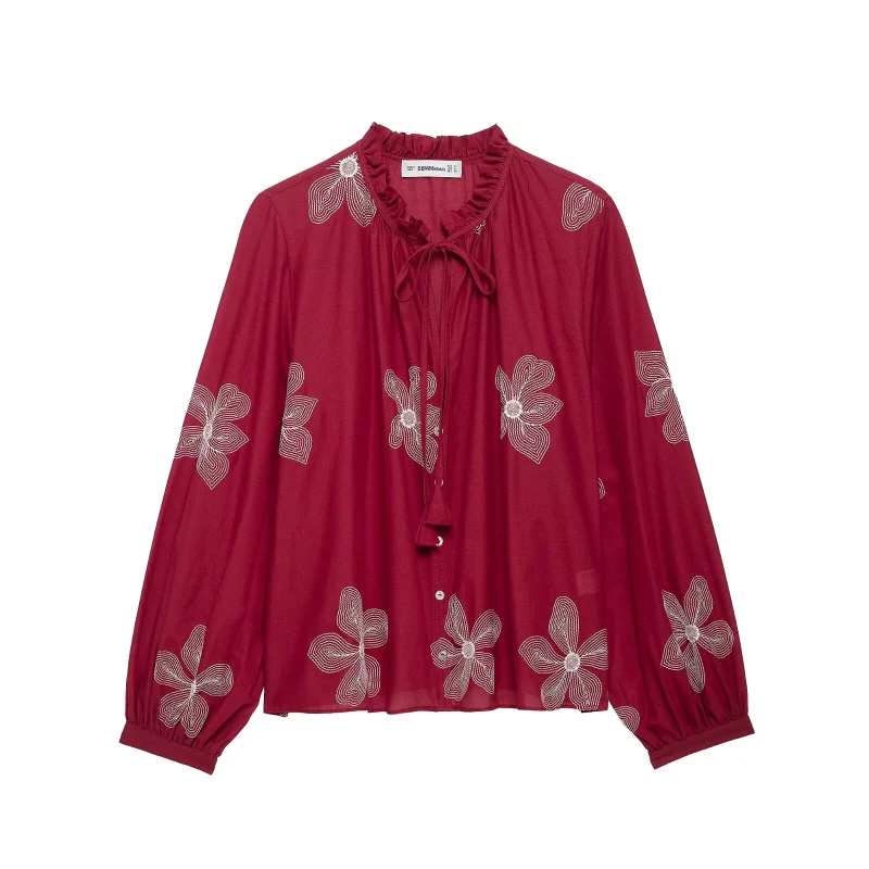 

ETJ 2025 traf Spring new Fashion Loose Edition Contrasting floral embroidered lace-up round neck casual shirt