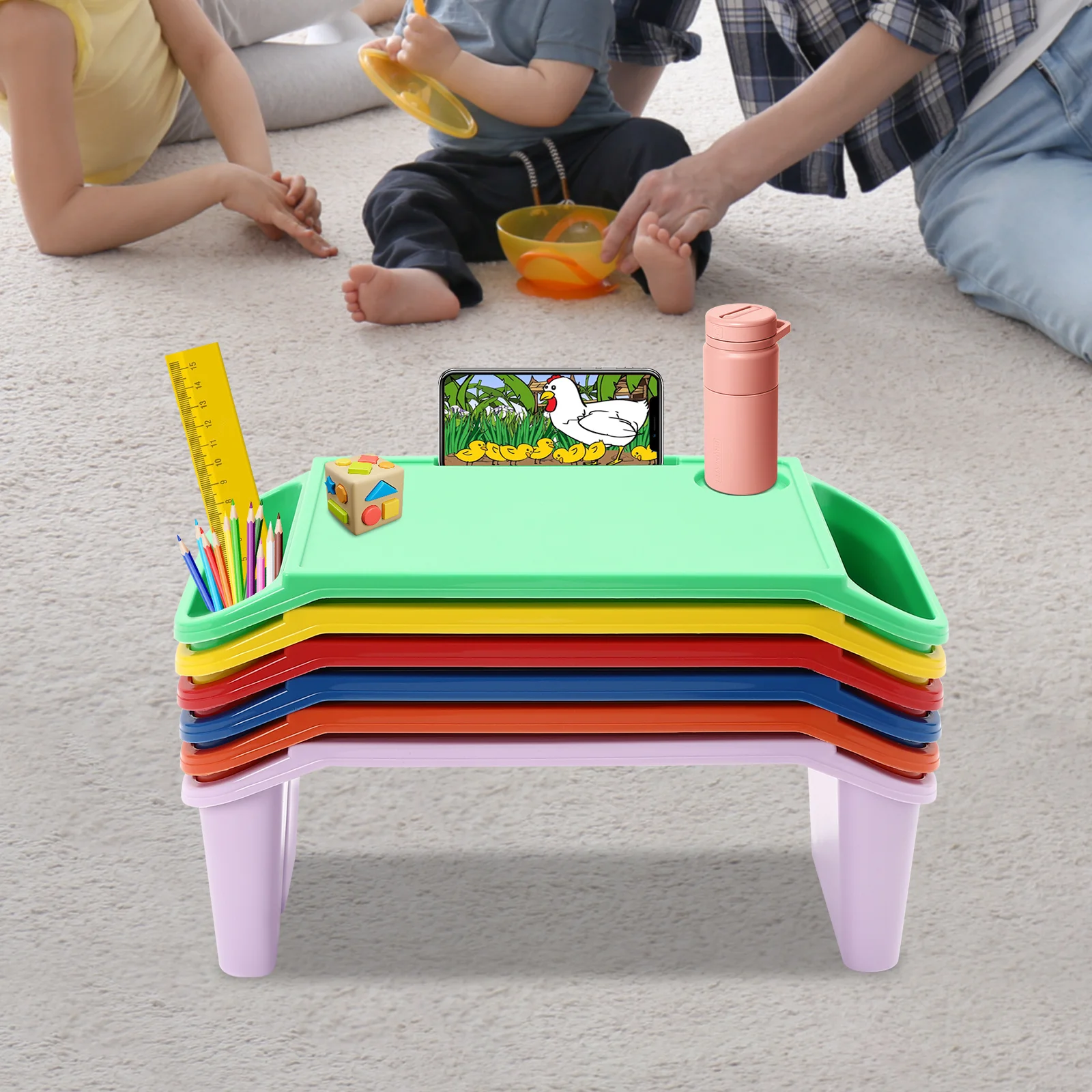 6Pcs Color Children's Laptop with Side Storage Multifunctional Movable Dining Table Suitable for Kindergartens and Families
