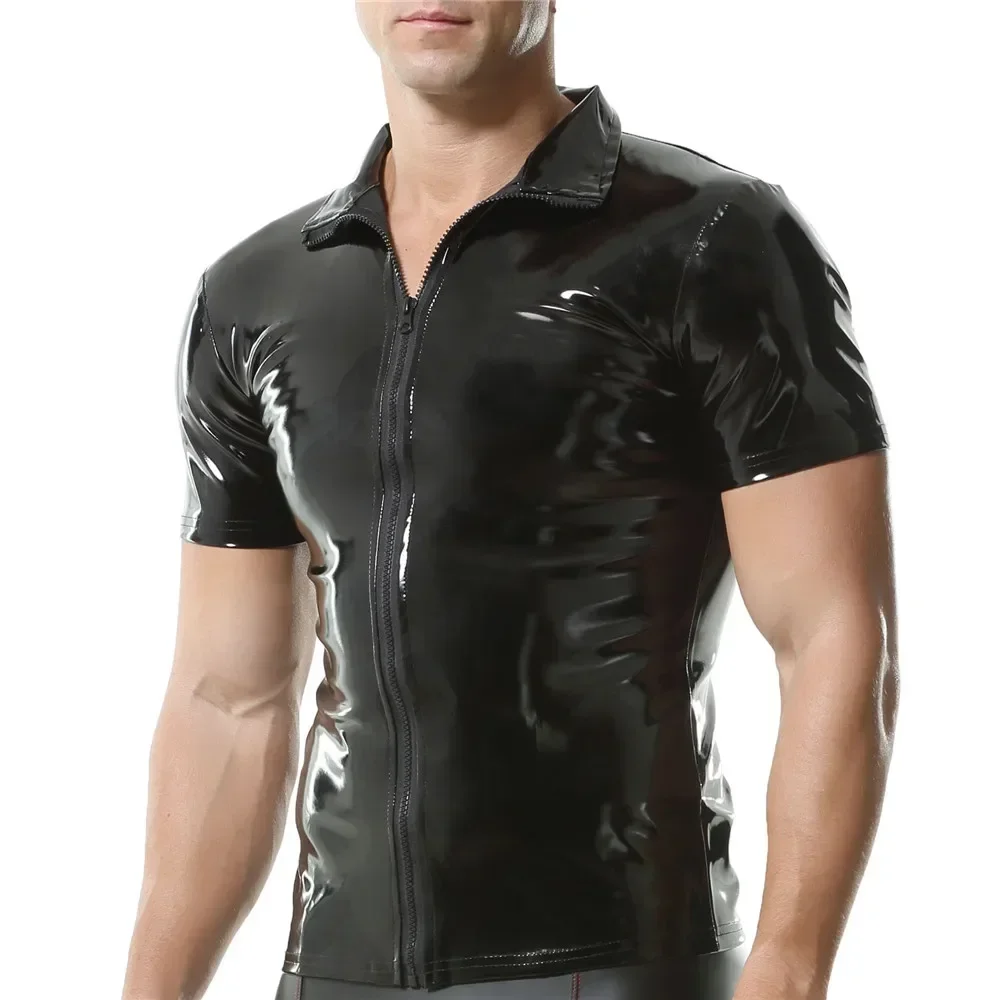 Men\'s Shirts PVC Leather Nightclub Stage T Shirts Short Sleeve Turn-down Collar Zipper Shirts Tops Latex Wetlook Dance Clubwear