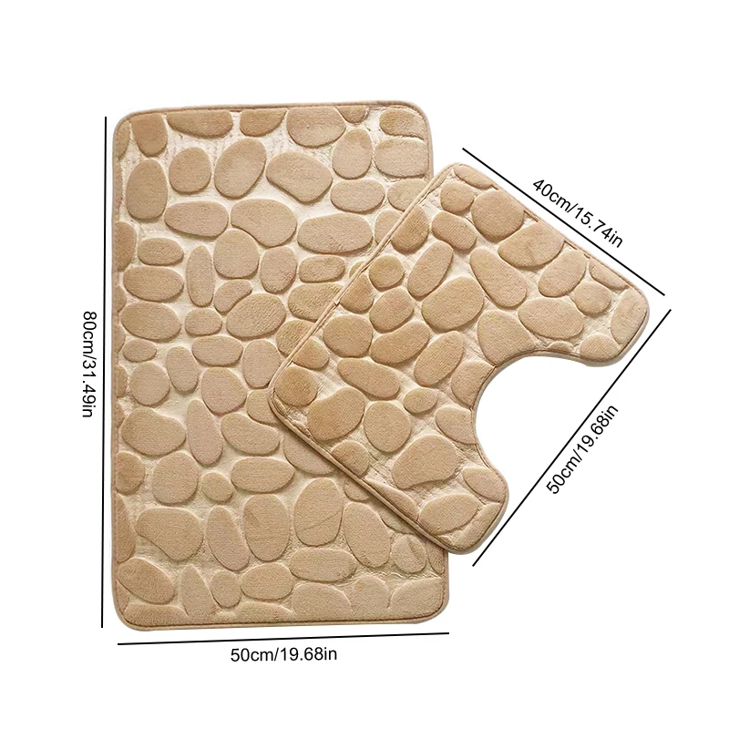 Non-Slip 50*80cm Bath Mat and 50*40cm Toilet Mat Bathroom Rug Set Soft Bath Mat with Cobblestone Pattern Washable Bath Mats