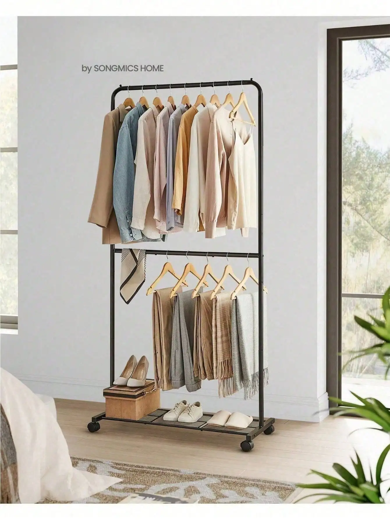 

Clothes Rack With Wheels, Clothing Rack For Hanging Clothes, Double-Rod Garment Rack With Dense Mesh Storage Shelf, 110 Lb Load