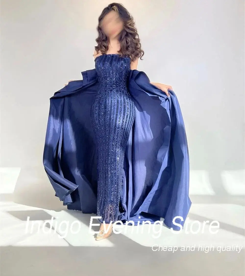 Gaun Prom Indigo Tulle gaun pesta malam Formal elegan manik-manik tanpa tali untuk wanita 2024 Robe De Princesse Femme Soiree