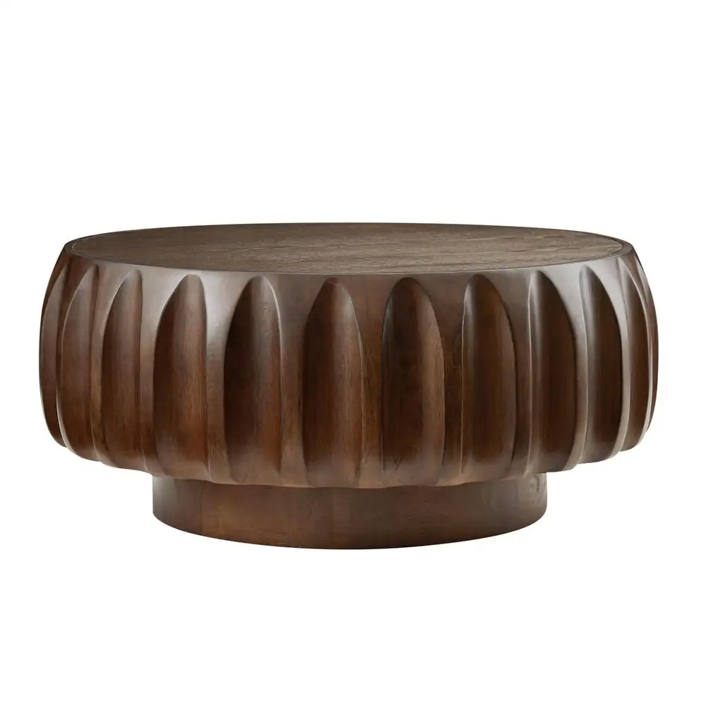 Mesa de centro redonda de madera maciza, marco de madera de Saman tallado escultural, chapa de fresno, tapa de grano de montaña, diseño Natural elegante