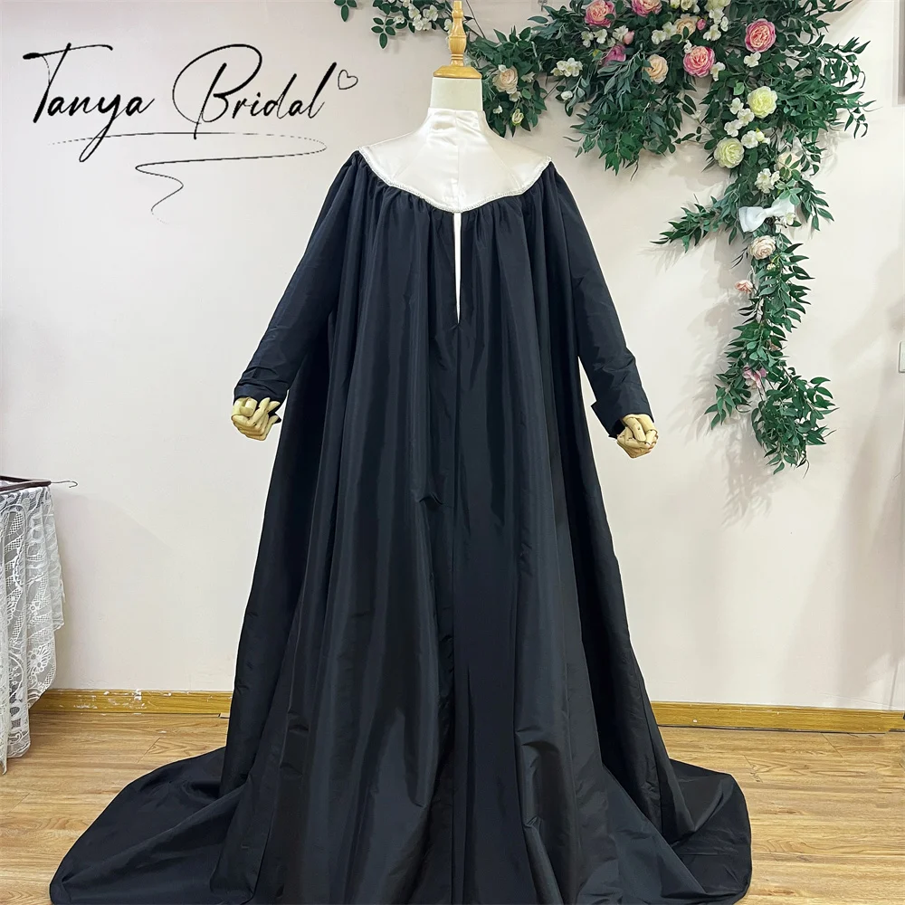 Black Taffeta Evening Cape With Skin Color High Collar Handmade Beads Full Sleeves Floor Length Women Fashion Coat Jacket DJ319