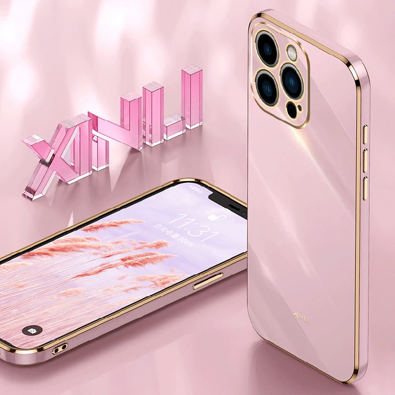 Plating Phone Case for Apple iPhone 15 14 13 Pro Max Plus Mini 5G Soft Luxury Silicone Lens Protection Straight Edge Back Covers