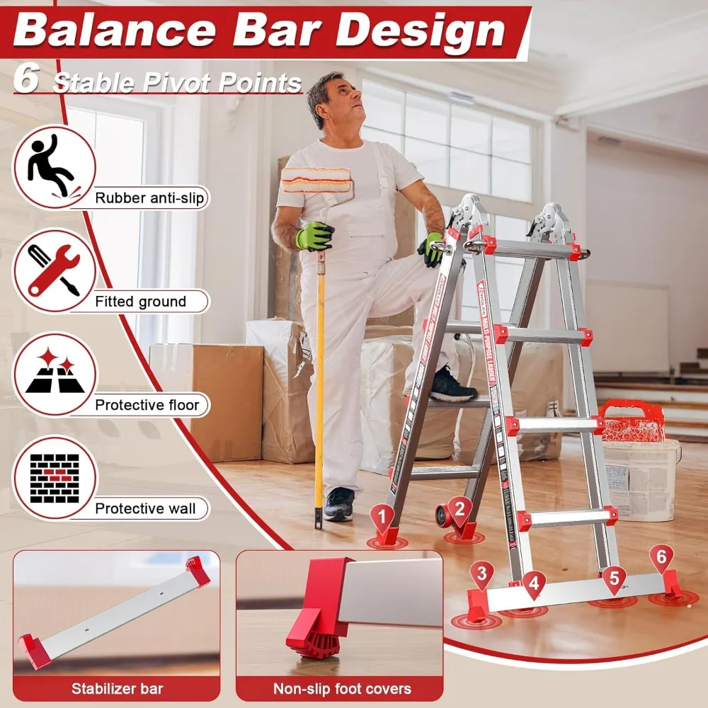 14フィート折りたたみ式伸縮はしご（ホイールとスタビライザーバー付き）- 耐荷重330ポンド、多段階伸縮式A型はしご