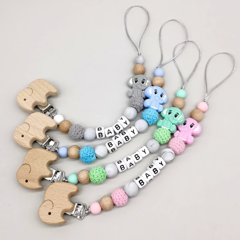 Personalized English Name Baby Silicone Elephant  Beads Pacifier Clip Nipple Dummy Holder Chain Toddler Toys Baby Shower Gift