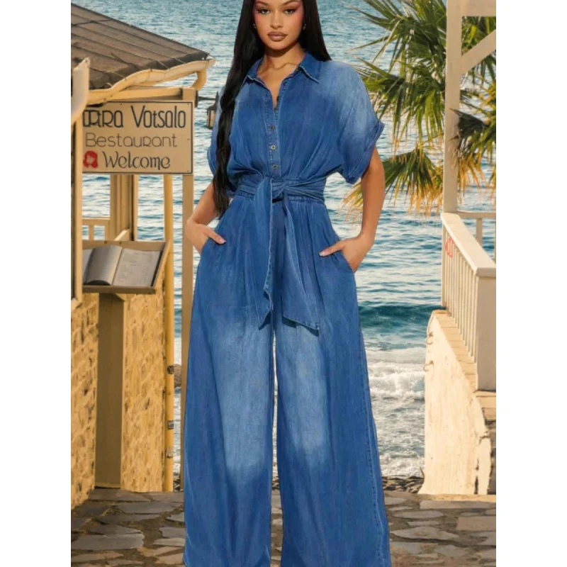 Summer Fashion Wide Leg Denim Jumpsuit for Women Lapel Waist Cinching Floor Mopping 2026 New Style