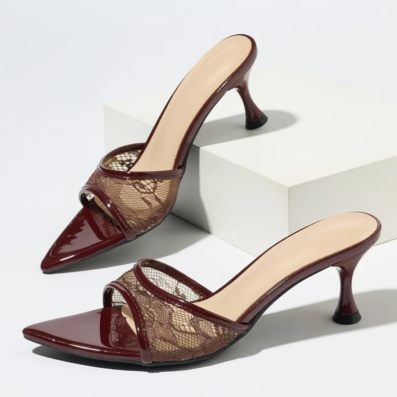 

Elegant Mesh Embroidery High Heels Slippers for Ladies 2026 Sexy Pointed Open Toe Slide Sandals Summer Comfortable Women Shoes