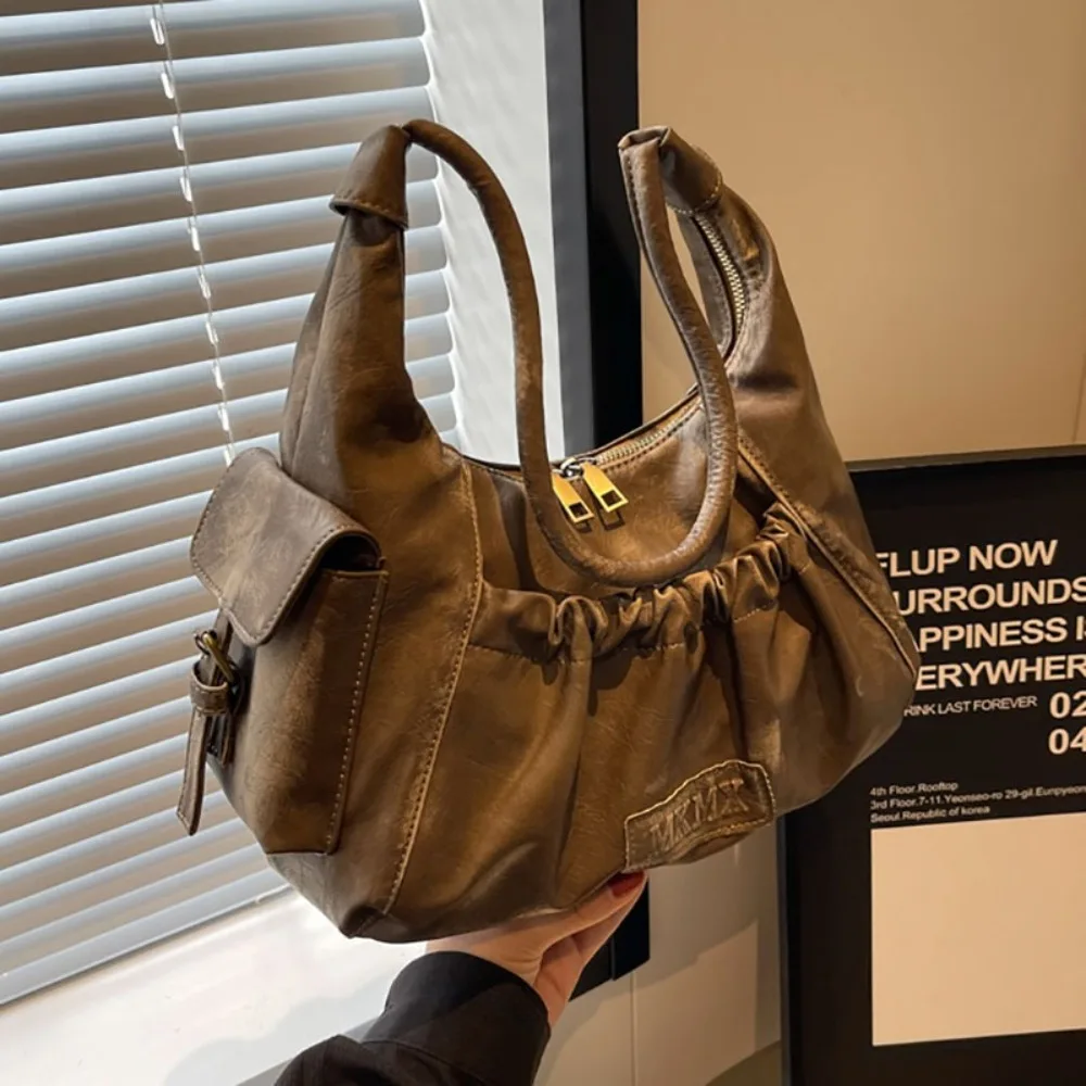 Distressed Vintage Large Capacity Shoulder Bag Pleated Design Solid Color Hobo Bag Hand Bag Women