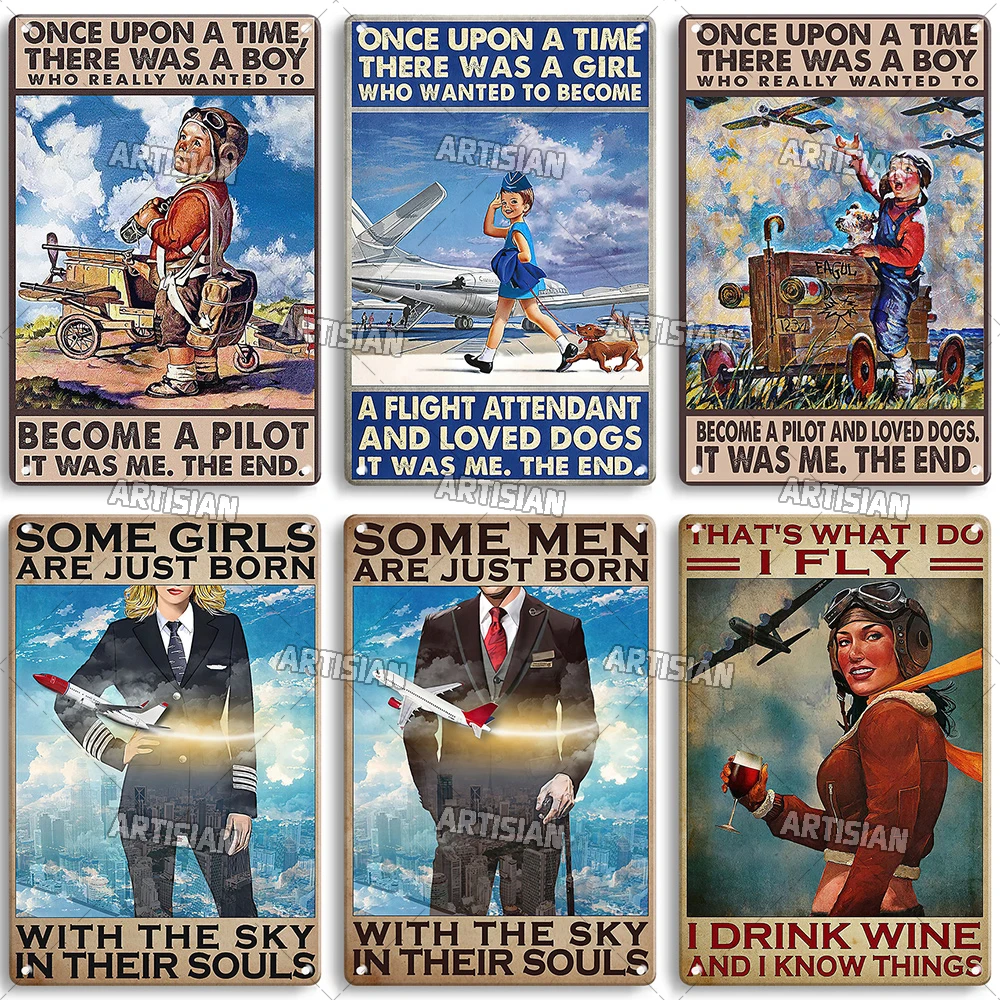 Artisian Flying Metal Sign Pilot Tin Plate Flight Attendant Decorative Plaque Wall Decor Garage Bar Pub Club Hotel Cafe Kitchen