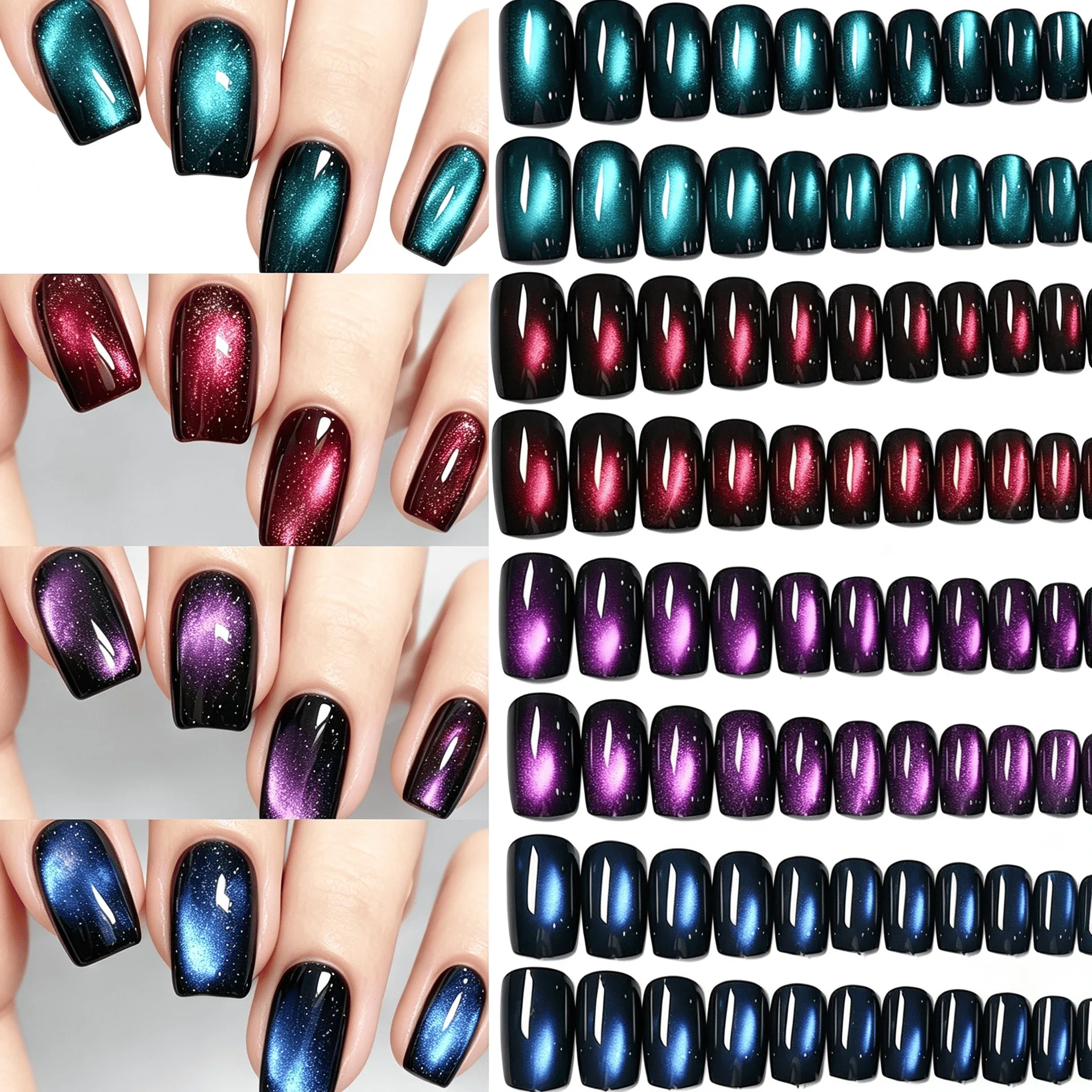 96pcs/set fake nails Gradient black red purple blue green cat eyes glossy shimmer square nail tips reusable press on false nail - view 6
