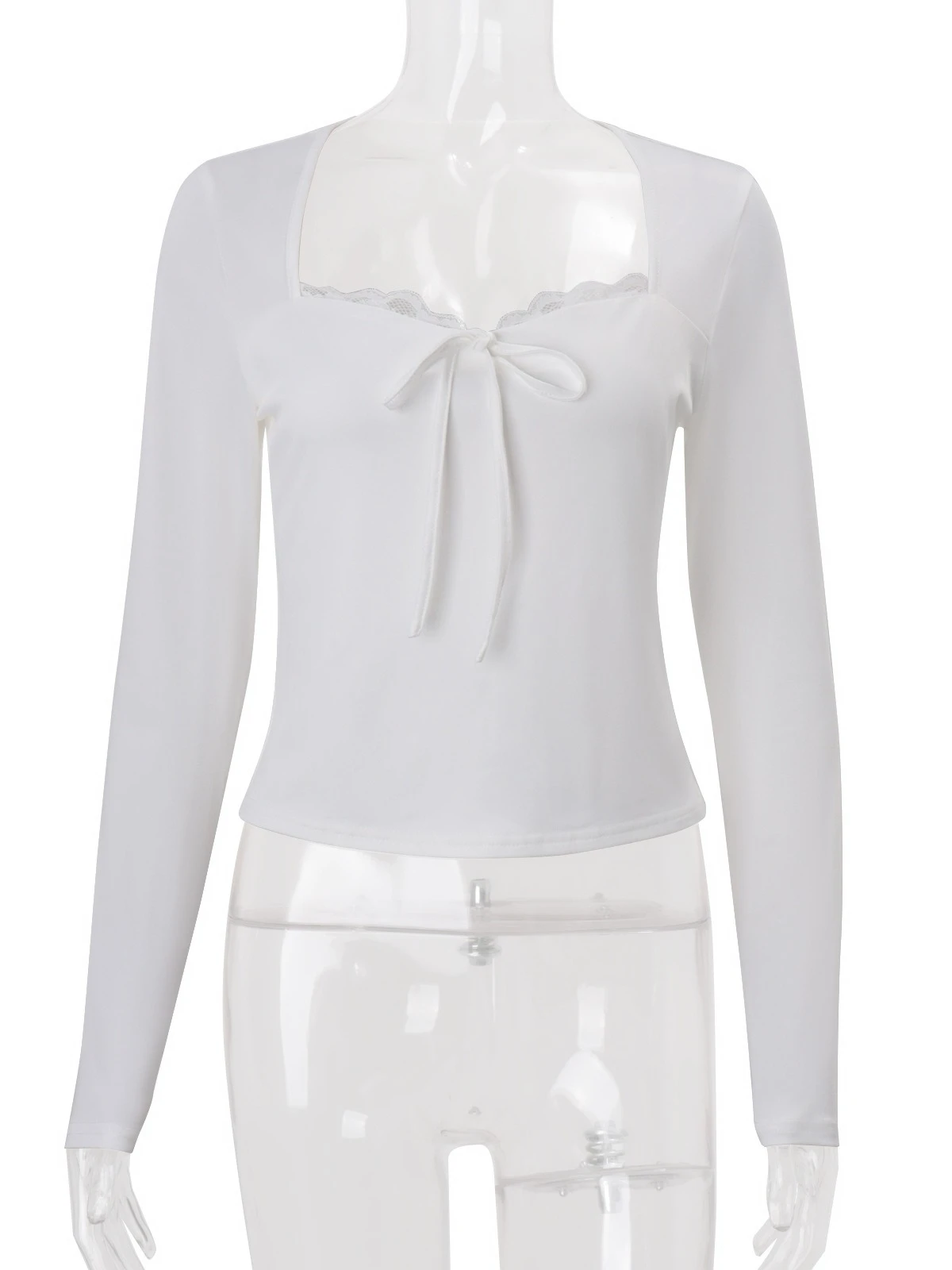 เสื้อยืดทรงเข้ารูป คอเหลี่ยม แขนยาว แต่งลูกไม้ สไตล์วินเทจ Y2K รุ่นใหม่ปี 2025 เหมาะสำหรับใส่ในชีวิตประจำวันหรือออกเดท