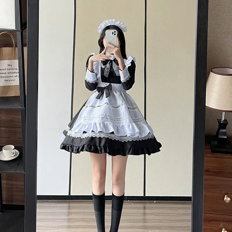 Plus Size Lolita Dress Anime Cosplay School Girl Maid Uniform Goth Lolita Black White Medieval Dress Long Sleeve Apron Outfits