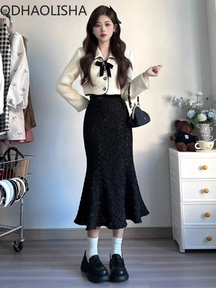 Two Piece Set for Women Autumer Sweet Lapel Bow Short Coat Long Sleeve Slimming Half Skirt Set Korea Temperament Elegant Sets