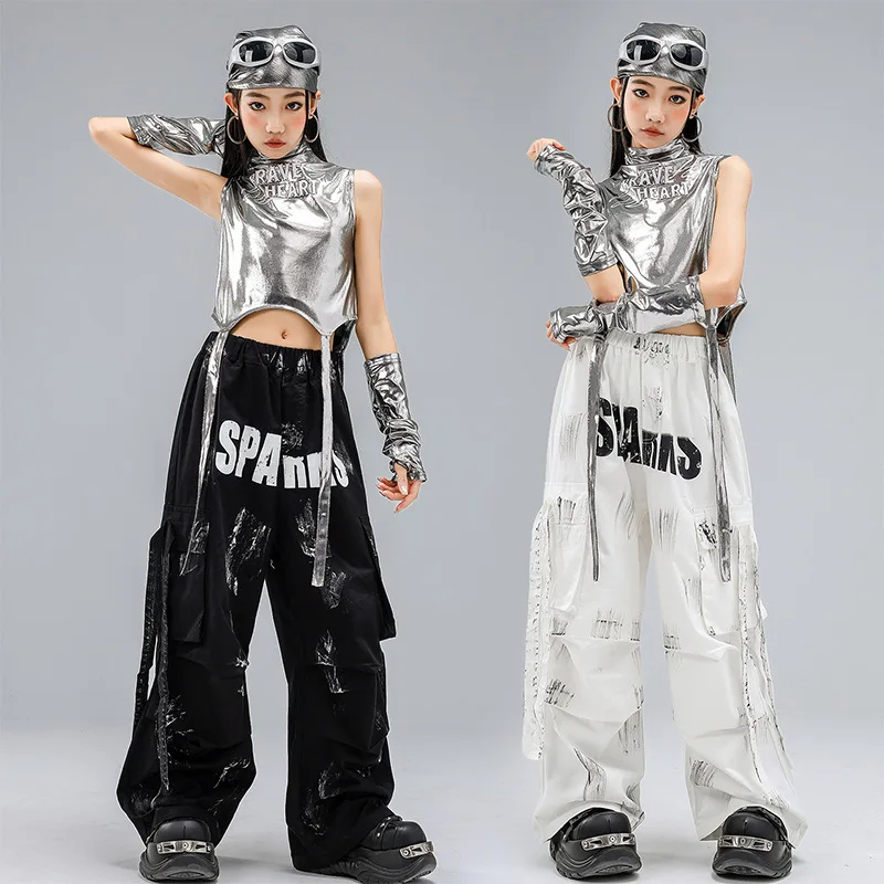 Jazz Dance Costume Girls Silver Navel Tops Black Baggy Pants Set Group Hip Hop Performance Wear Concert Catwalk Stage Suit