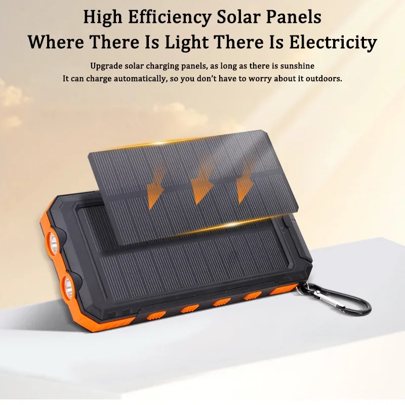 New Waterproof Solar Power Bank Portable Large Capacity 200000mah Fast Charging External Battery Power Super Bright Flashlight