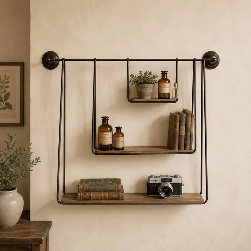 European-style wrought iron wood three-layer wall-mounted rack to store the display rack